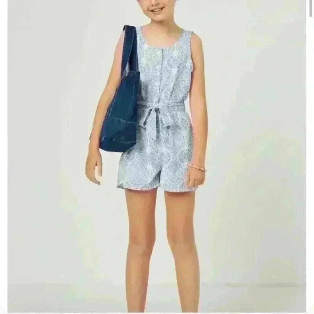 HAYDEN LA girl's bandana print belted romper in blue sz small